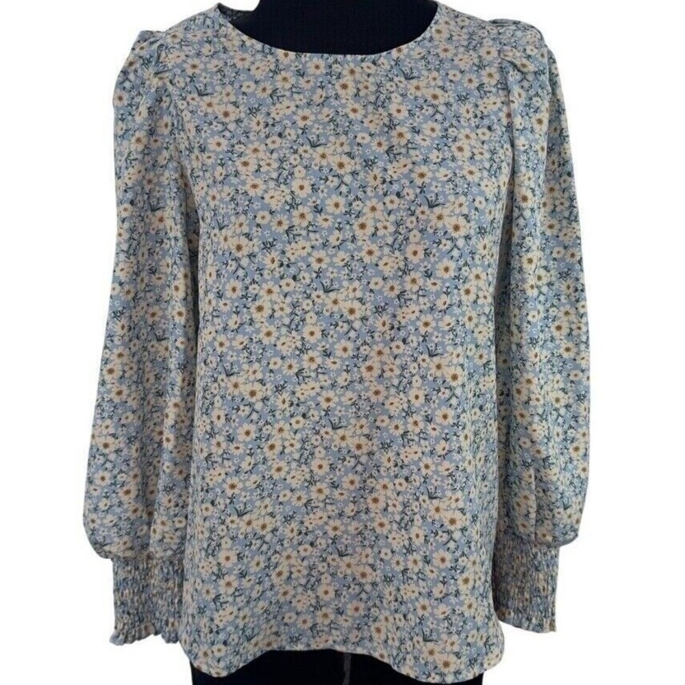 NWT Women S Blue Floral Chiffon Blouse Smock Long Sleeve Coquette Dainty Cottage